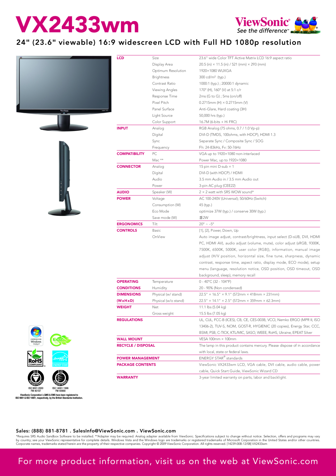 ViewSonic VX2433wm manual For more product information, visit us on the web at ViewSonic.com 