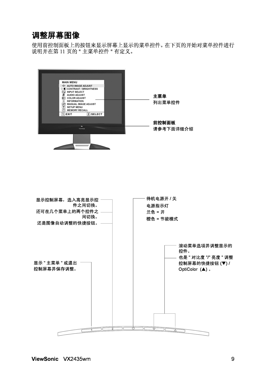 ViewSonic VX2435WM manual 调整屏幕图像, ViewSonic VX2435wm, 列出菜单控件, 前控制面板, 请参考下面详细介绍, 显示控制屏幕，选入高亮显示控 件之间切换。 还可在几个菜单上的两个控件之 间切换。 