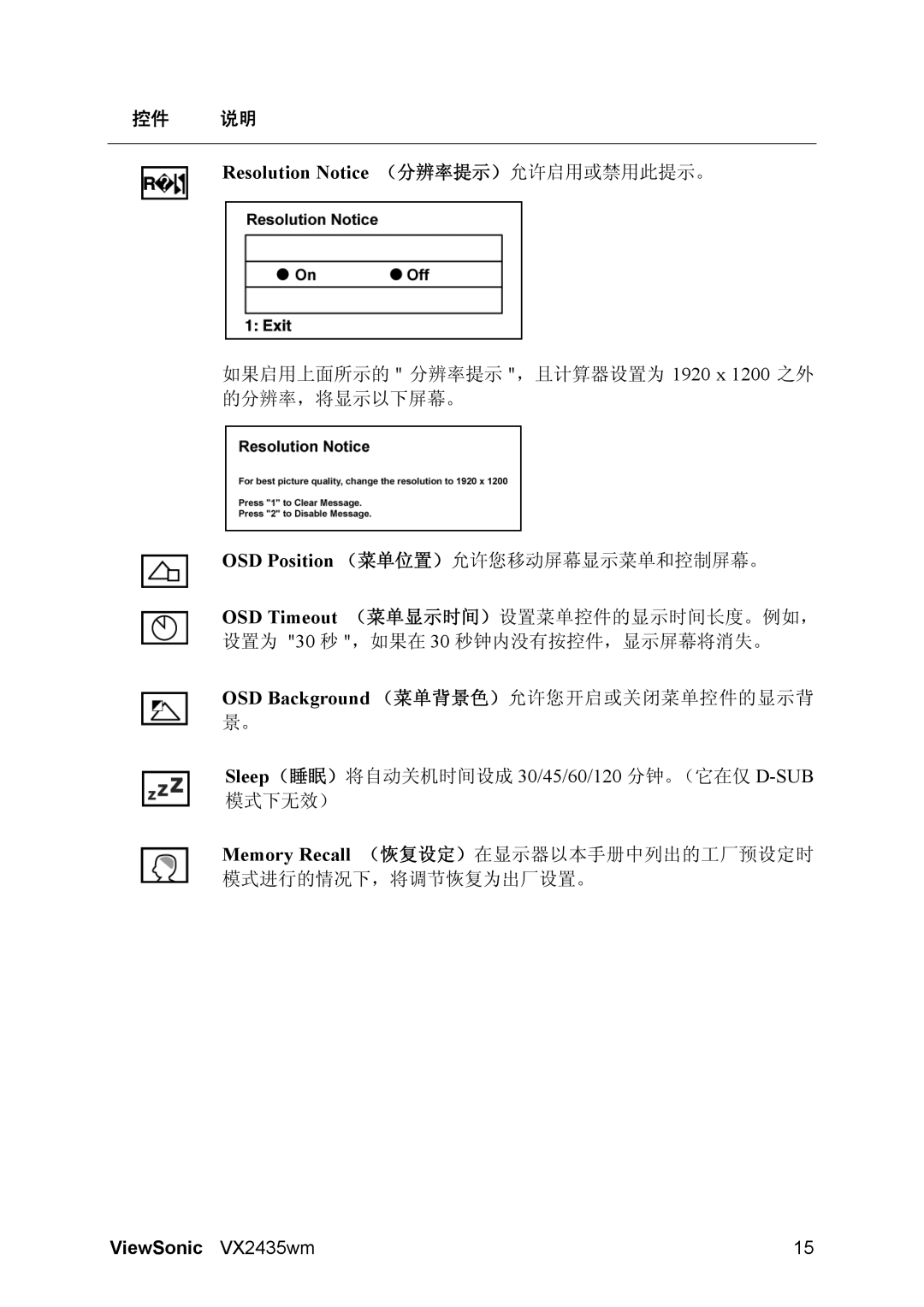 ViewSonic VX2435WM manual Resolution Notice （分辨率提示）允许启用或禁用此提示。 