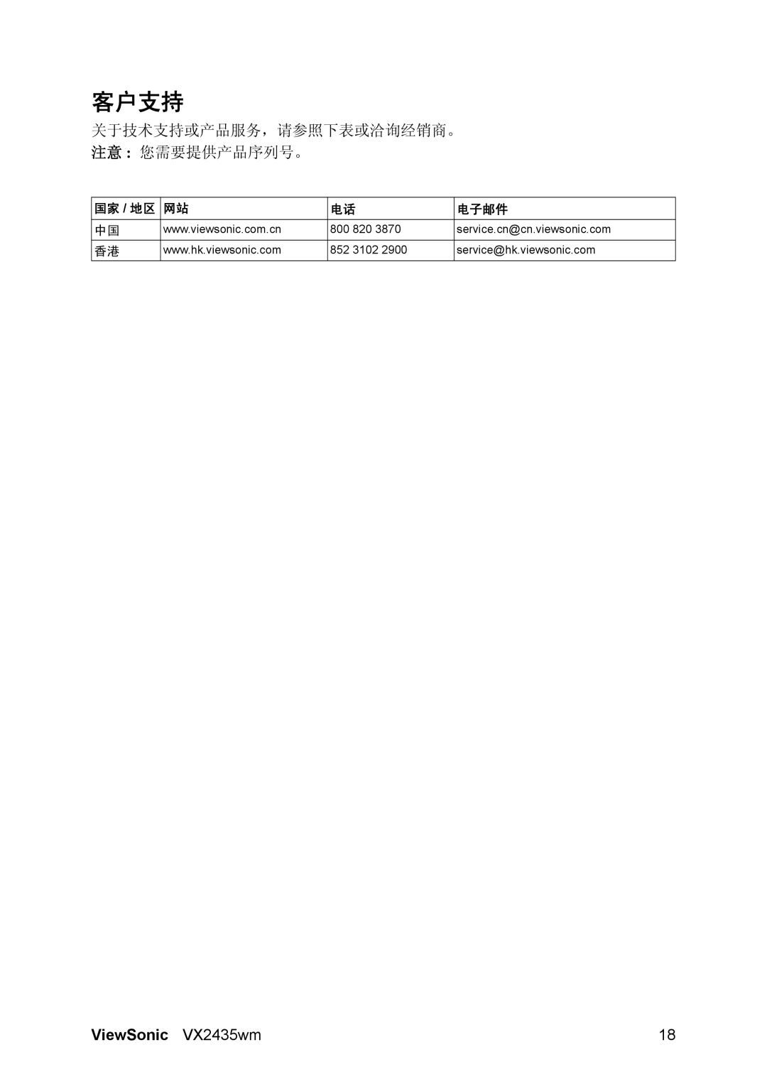 ViewSonic VX2435WM manual 客户支持 