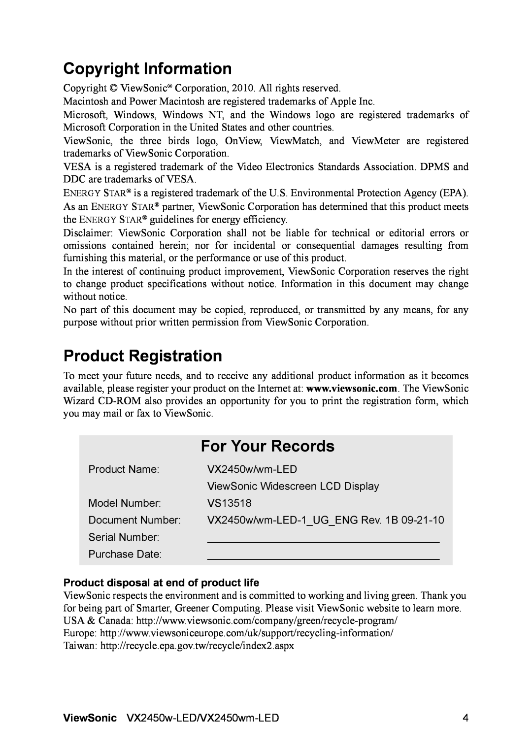ViewSonic VS13518 Copyright Information, Product Registration, For Your Records, Product disposal at end of product life 