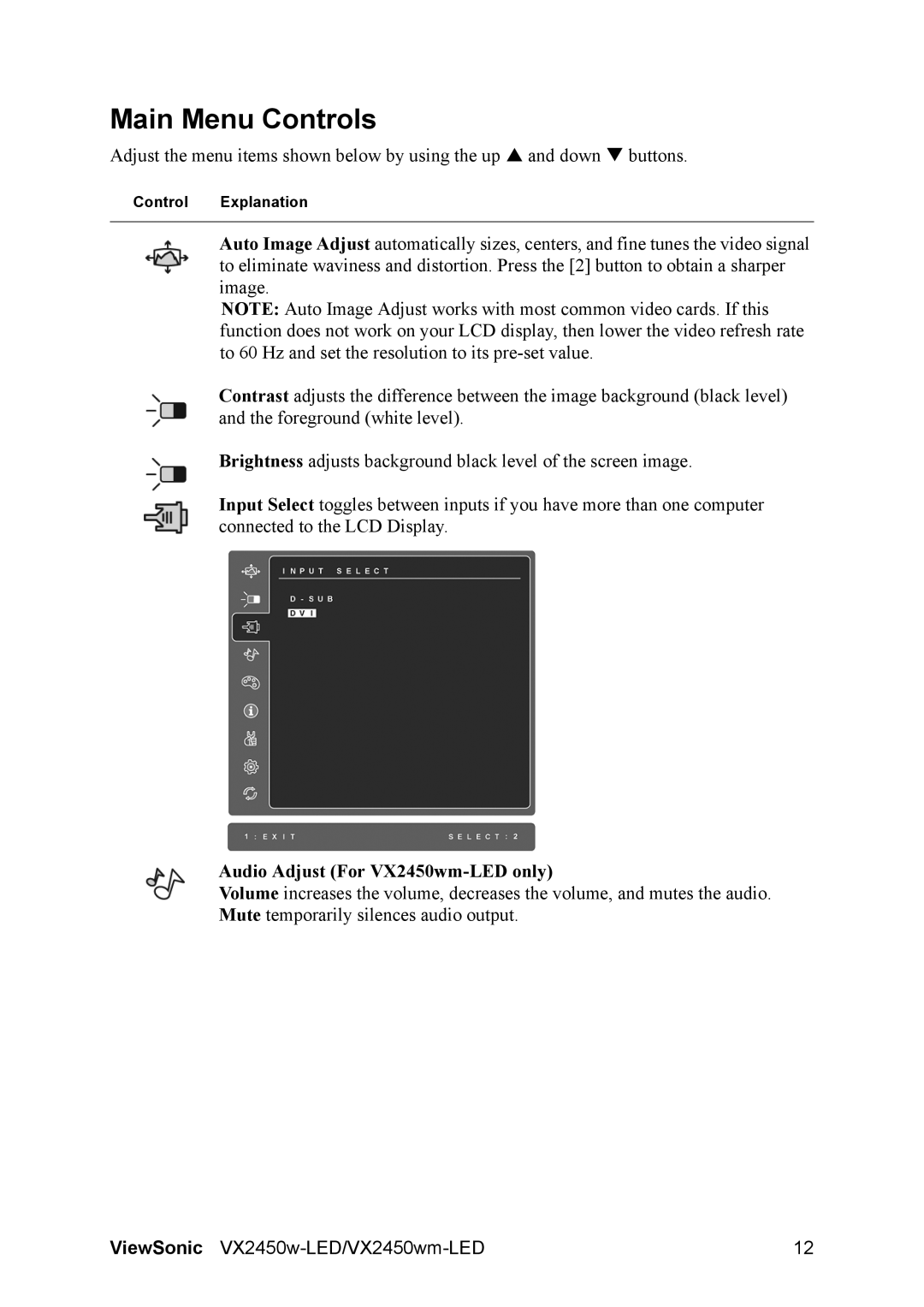 ViewSonic VS13518 warranty Main Menu Controls, Audio Adjust For VX2450wm-LED only 