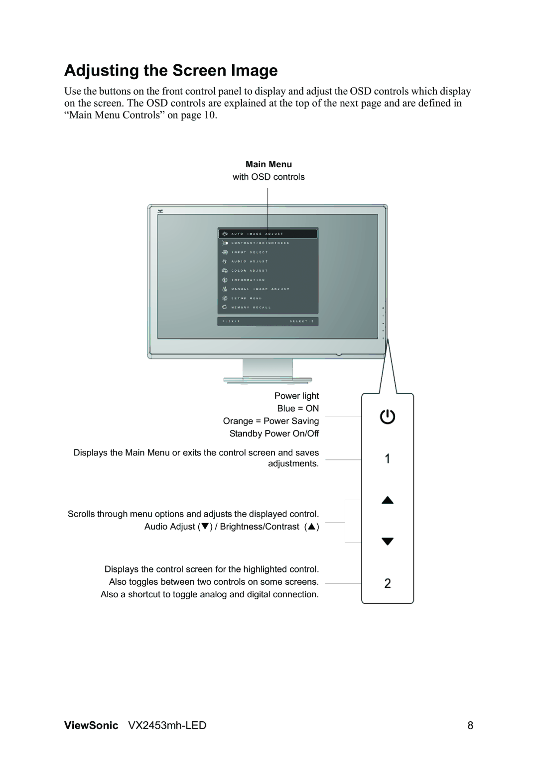 ViewSonic VX2453MH-LED, VX2460h-LED warranty Adjusting the Screen Image, Main Menu 