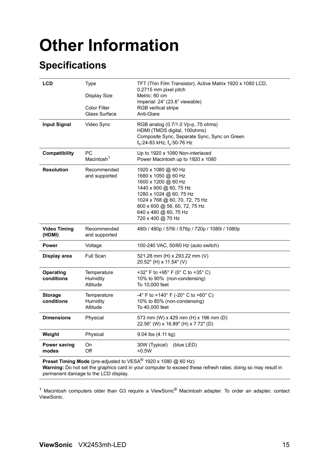 ViewSonic VX2460h-LED, VX2453MH-LED warranty Other Information, Specifications 