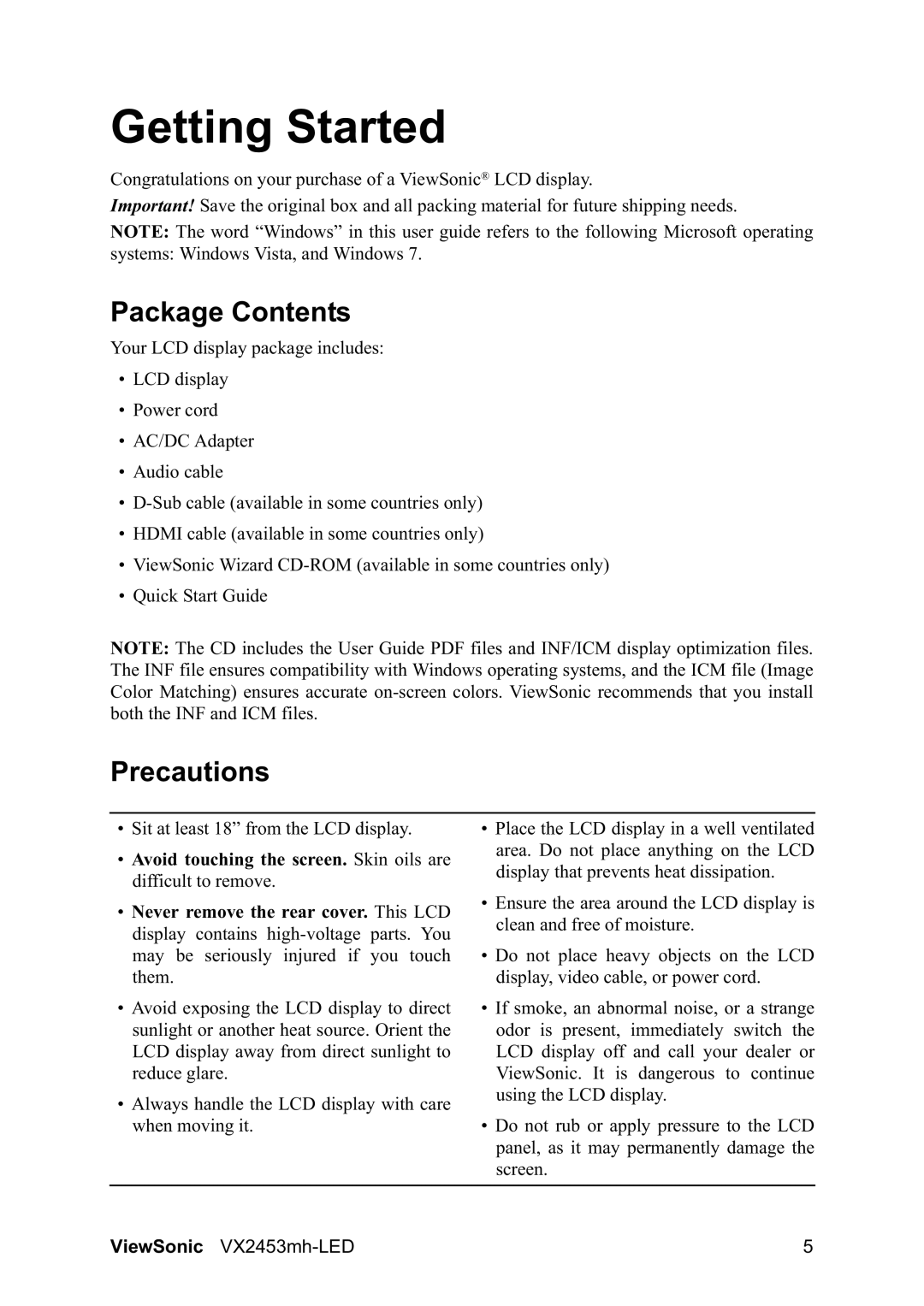 ViewSonic VX2460h-LED, VX2453MH-LED warranty Package Contents, Precautions 