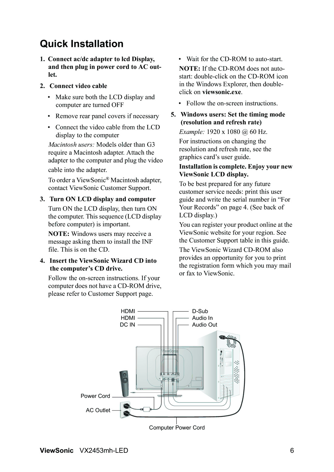 ViewSonic VX2453MH-LED, VX2460h-LED warranty Quick Installation, Turn on LCD display and computer 