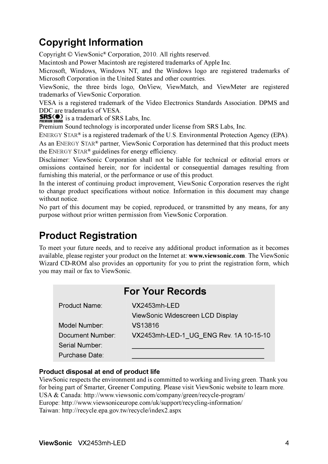 ViewSonic VX2453MH-LED warranty Copyright Information, Product Registration For Your Records 