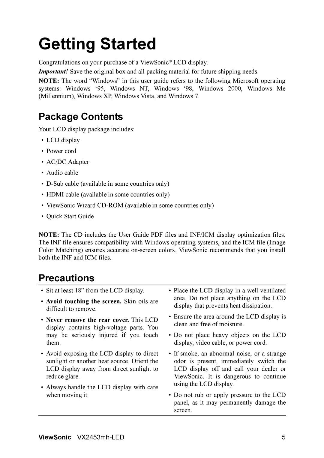 ViewSonic VX2453MH-LED warranty Package Contents, Precautions 