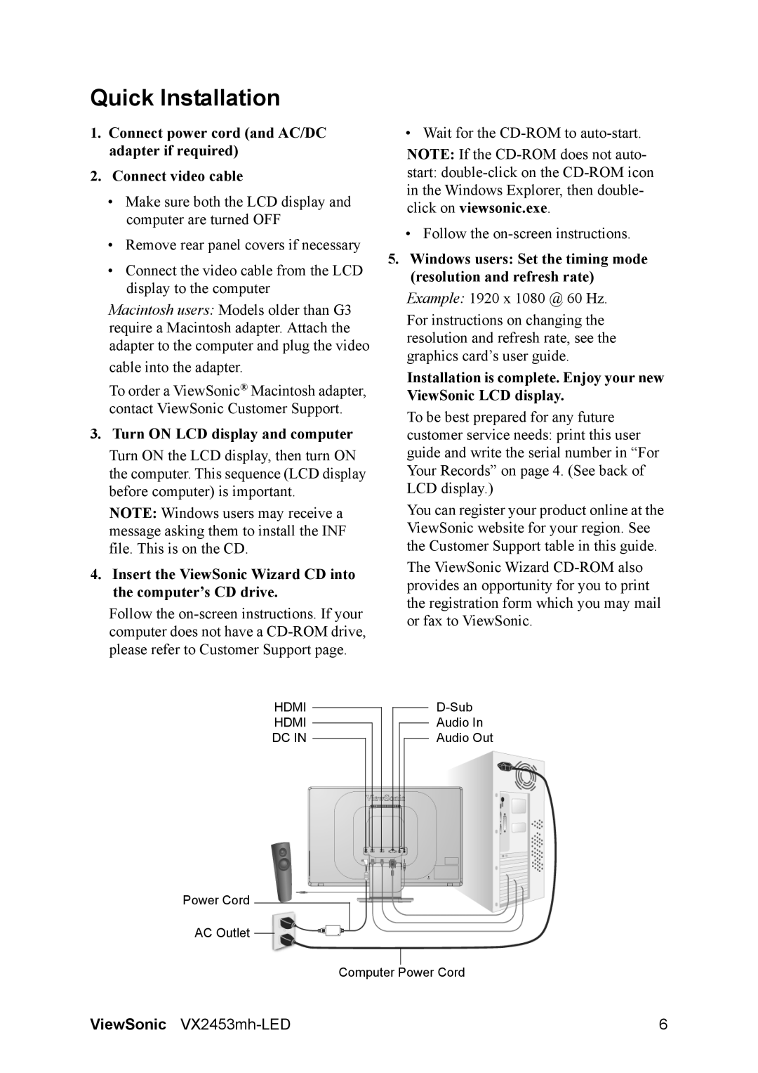 ViewSonic VX2453MH-LED warranty Quick Installation, Turn on LCD display and computer 