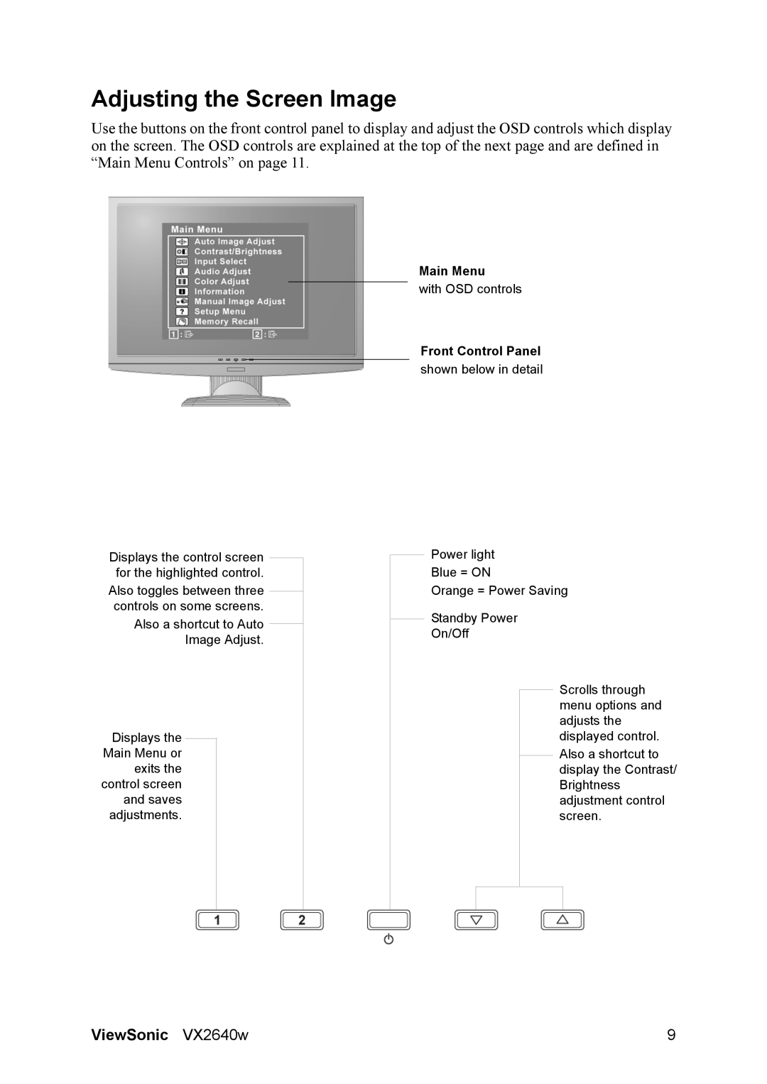 ViewSonic VX2640W warranty Adjusting the Screen Image, Front Control Panel 