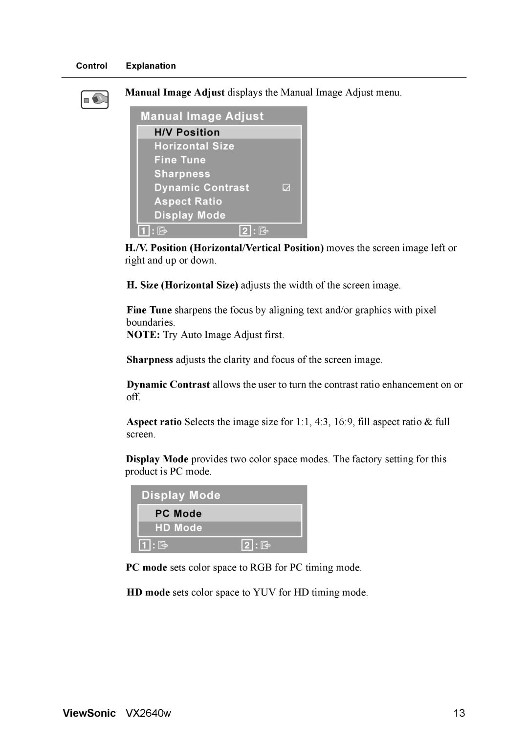 ViewSonic VX2640W warranty Manual Image Adjust displays the Manual Image Adjust menu 