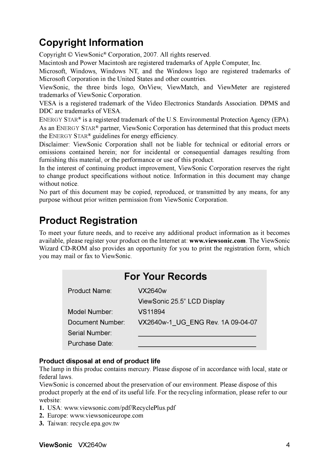 ViewSonic VX2640W Copyright Information, Product Registration For Your Records, Product disposal at end of product life 