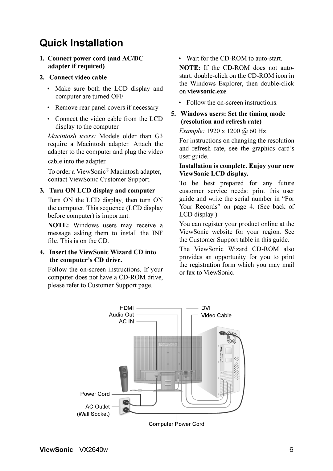 ViewSonic VX2640W warranty Quick Installation, Turn on LCD display and computer 