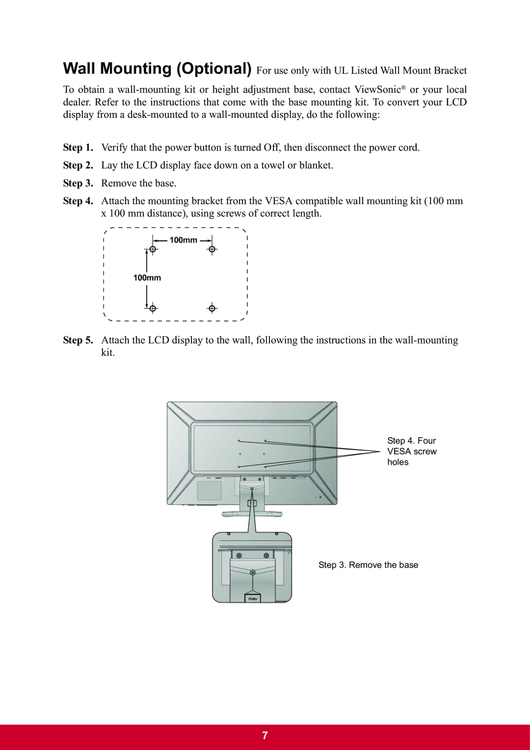 ViewSonic VX2703mh-LED, VX2703MHLED warranty Four Vesa screw holes Remove the base 