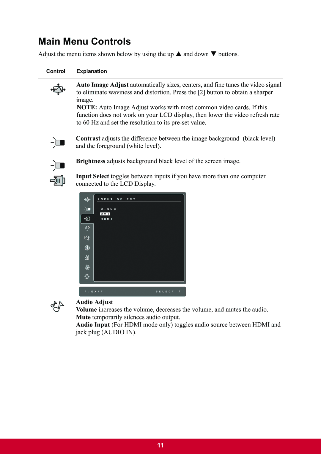 ViewSonic VX2703mh-LED, VX2703MHLED warranty Main Menu Controls, Audio Adjust 