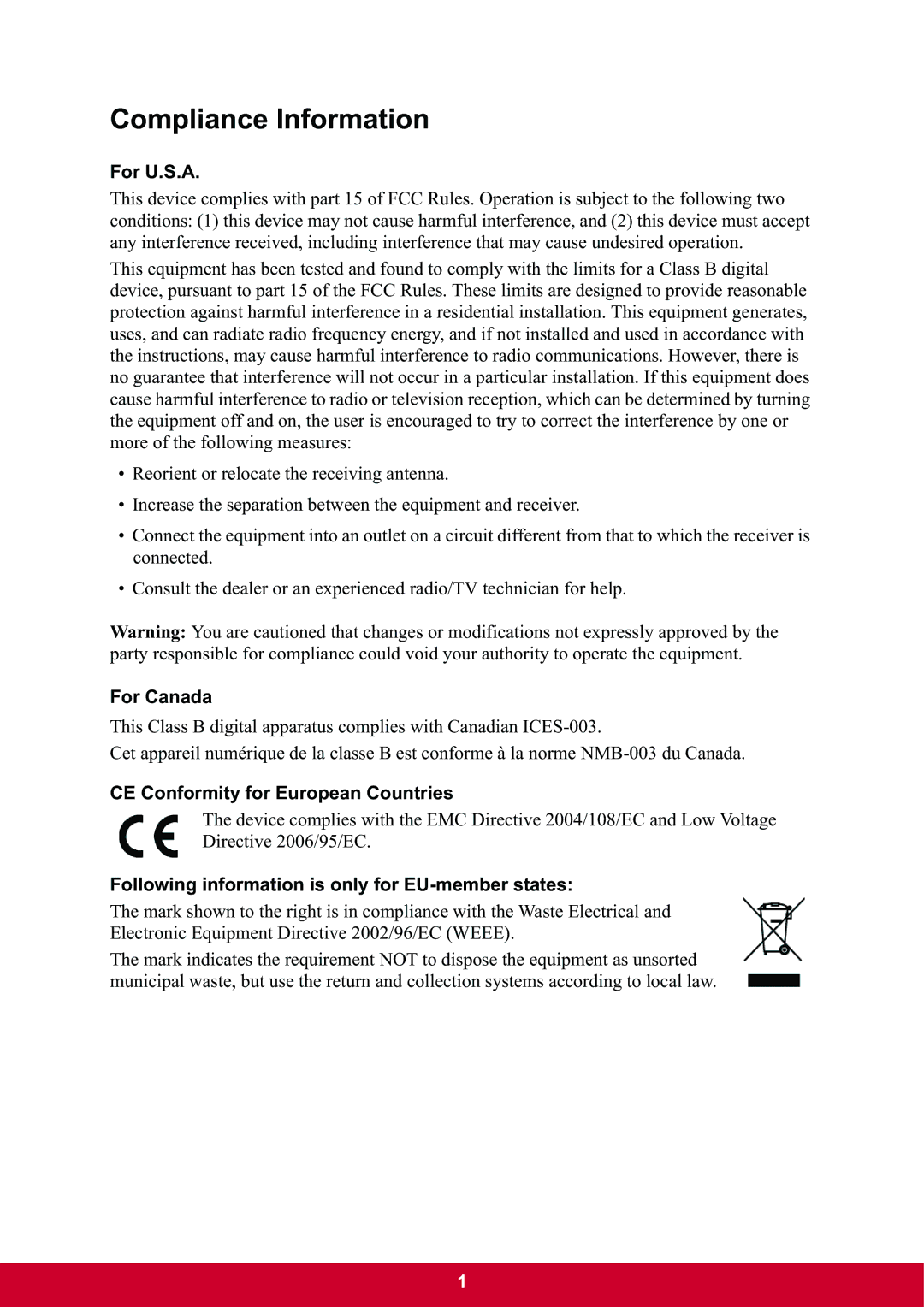 ViewSonic VX2703mh-LED, VX2703MHLED Compliance Information, For U.S.A, For Canada, CE Conformity for European Countries 