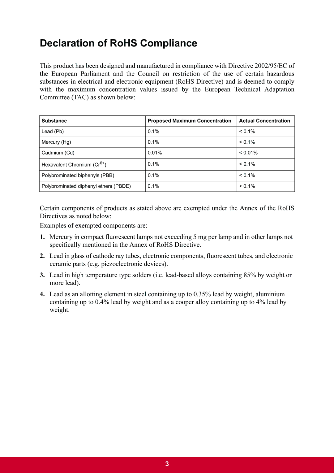 ViewSonic VX2703mh-LED, VX2703MHLED warranty Declaration of RoHS Compliance 