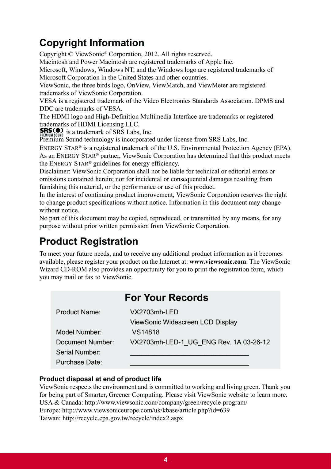 ViewSonic VX2703MHLED, VX2703mh-LED warranty Copyright Information, Product Registration For Your Records 