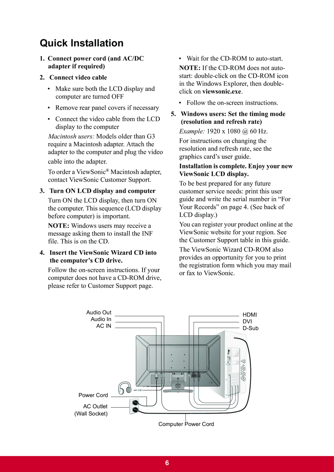 ViewSonic VX2703MHLED, VX2703mh-LED warranty Quick Installation, Turn on LCD display and computer 