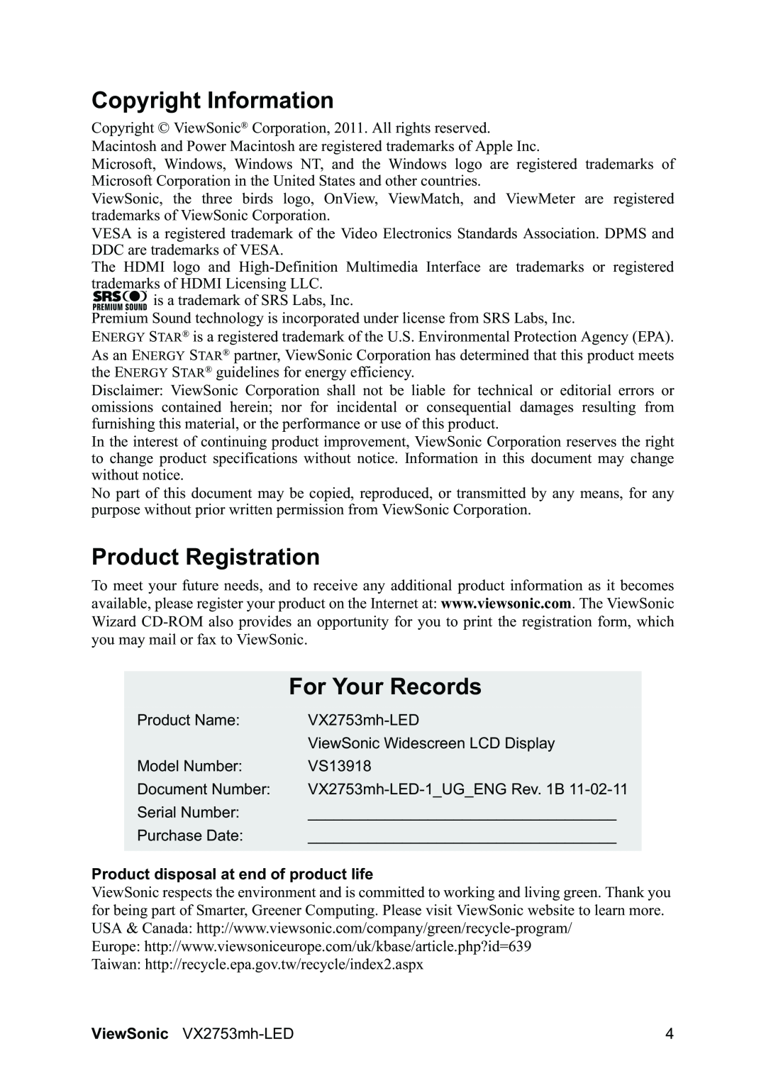 ViewSonic VX2753mh-LED warranty Copyright Information, Product Registration, For Your Records 