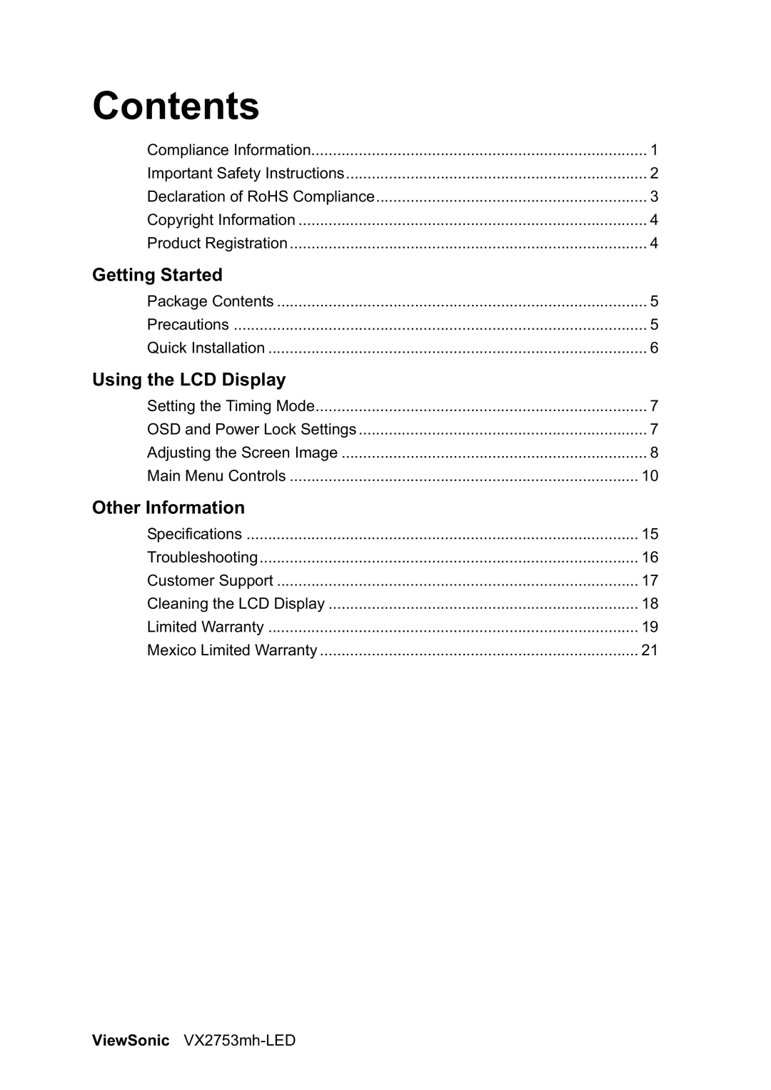 ViewSonic VX2753mh-LED warranty Contents 