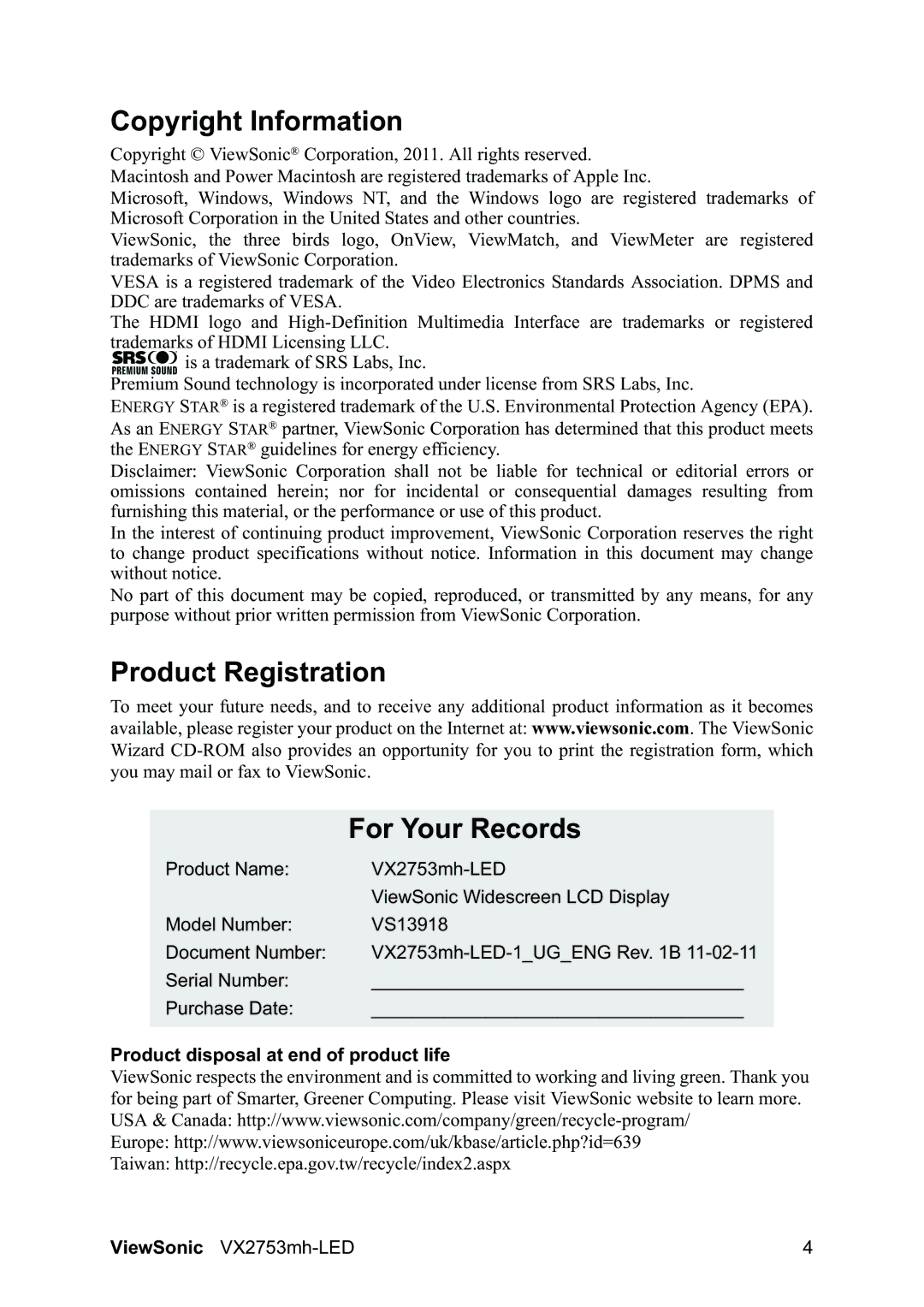 ViewSonic VX2753mh-LED warranty Copyright Information, Product Registration For Your Records 