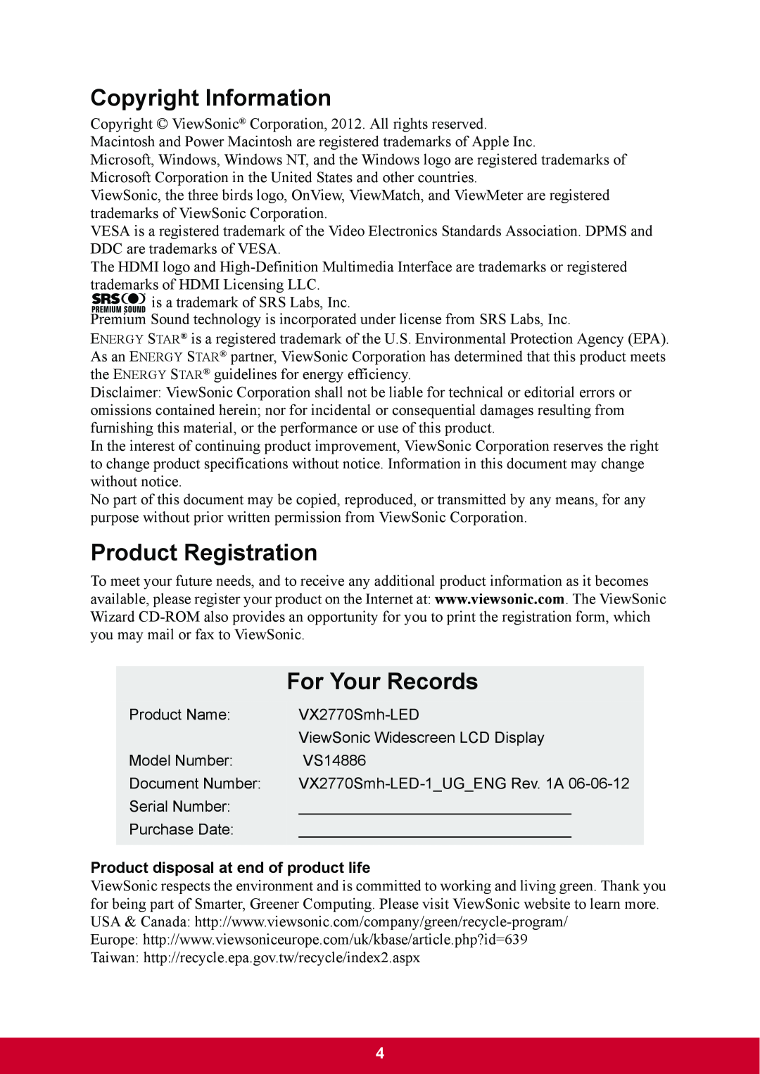 ViewSonic VX2770SMHLED warranty Copyright Information, Product Registration, For Your Records 