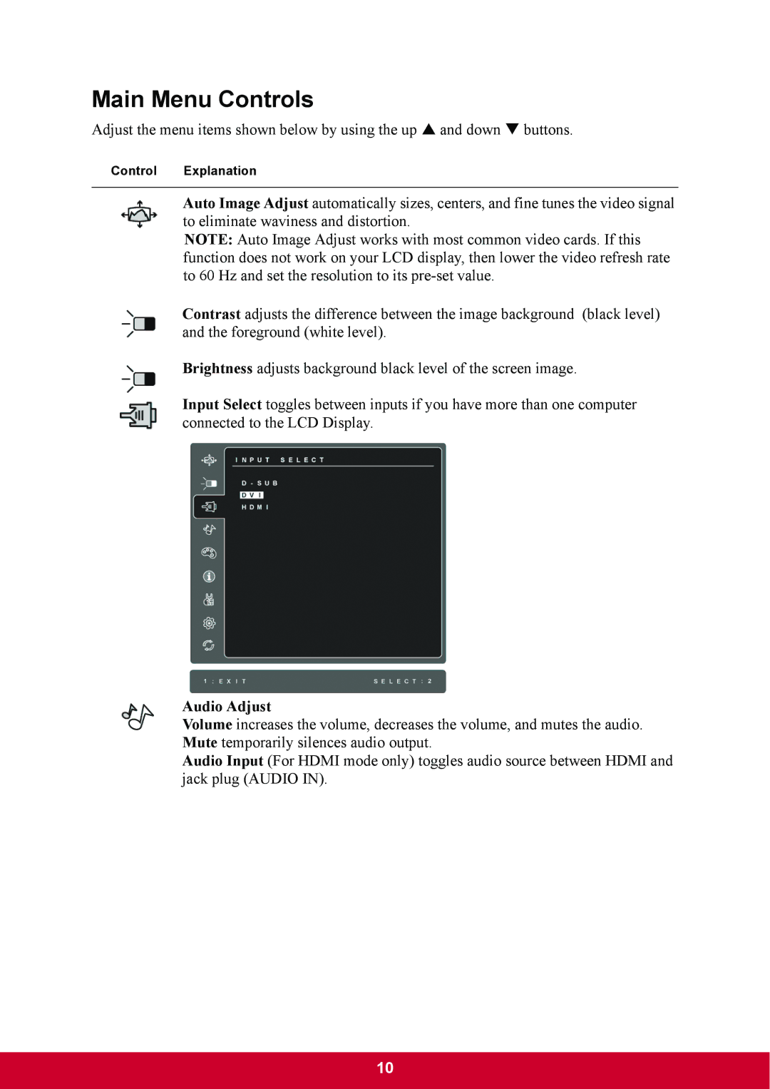 ViewSonic VX2770SMHLED warranty Main Menu Controls, Audio Adjust 