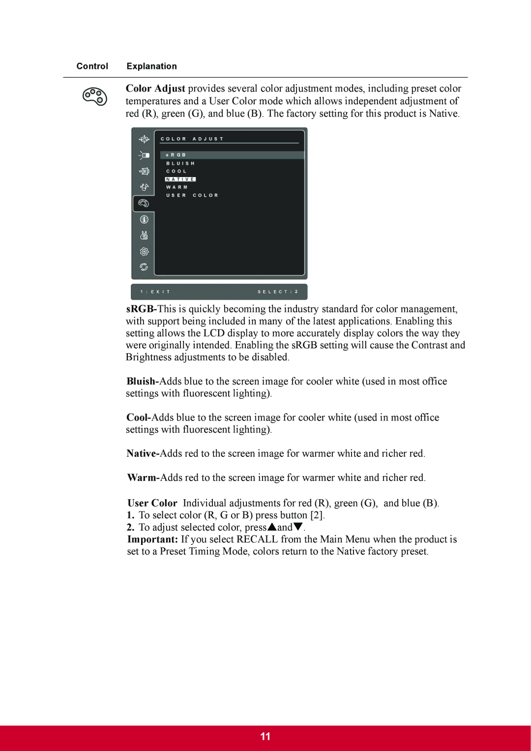 ViewSonic VX2770SMHLED warranty Control Explanation 