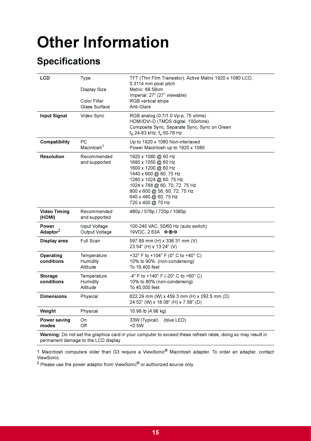 ViewSonic VX2770SMHLED warranty Other Information, Specifications 