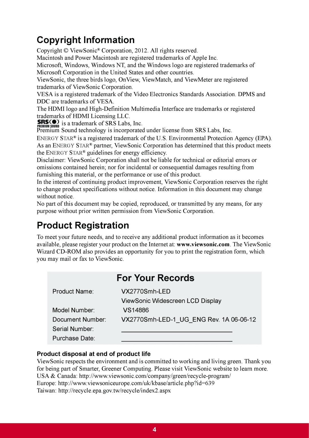 ViewSonic VX2770SMHLED warranty Copyright Information, Product Registration For Your Records 