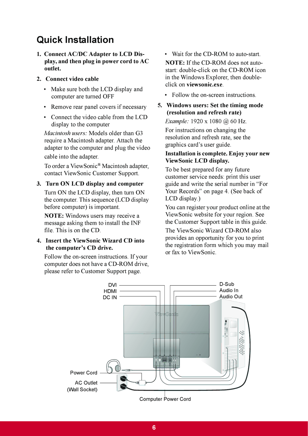 ViewSonic VX2770SMHLED warranty Quick Installation, Turn on LCD display and computer 