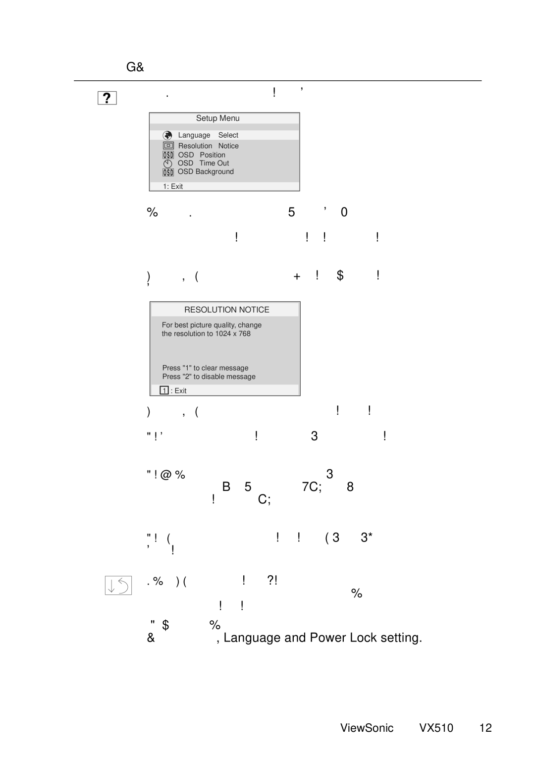 ViewSonic VX510 manual Setup Menu displays the menu shown below 