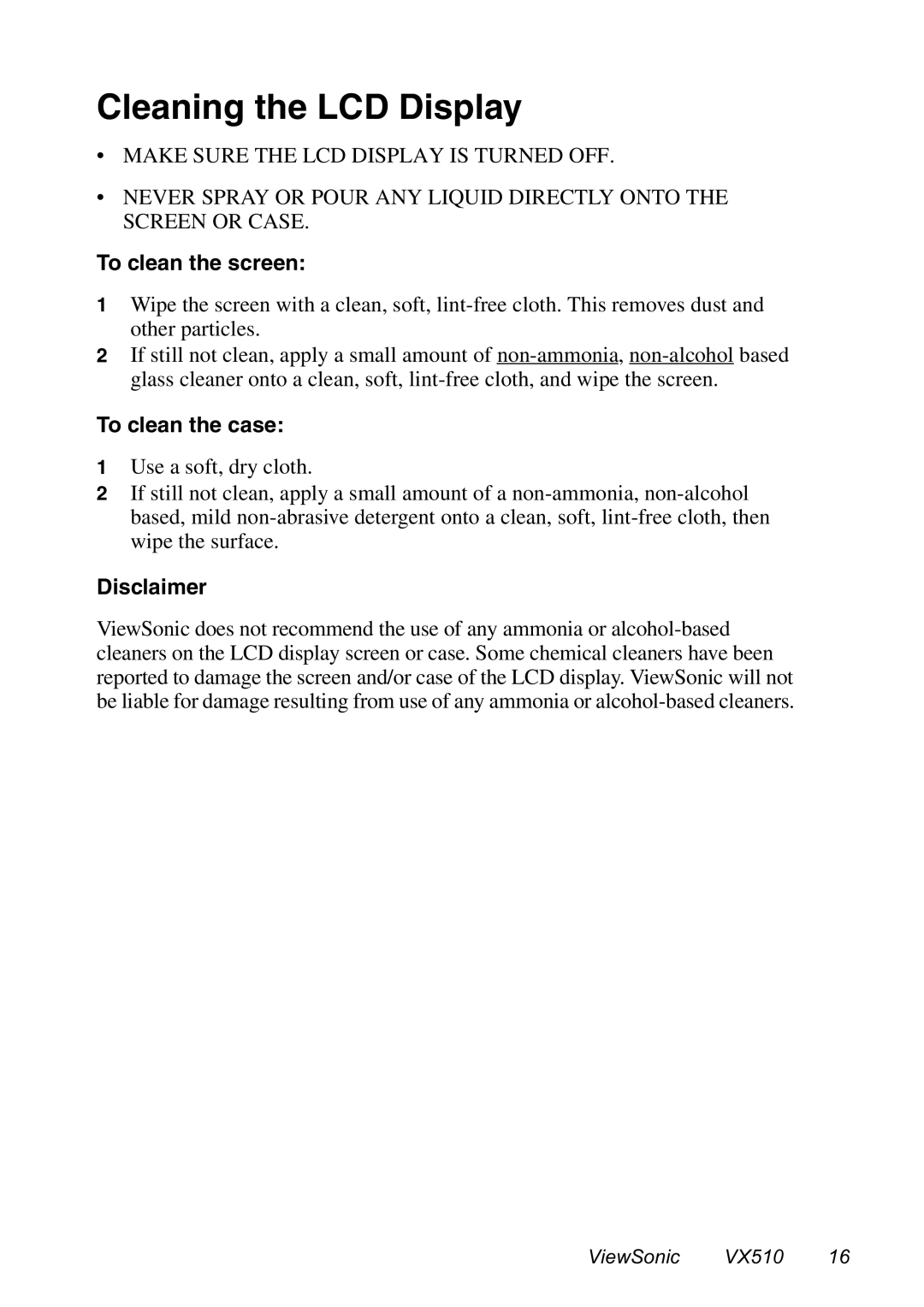 ViewSonic VX510 manual Cleaning the LCD Display, To clean the screen, To clean the case, Disclaimer 