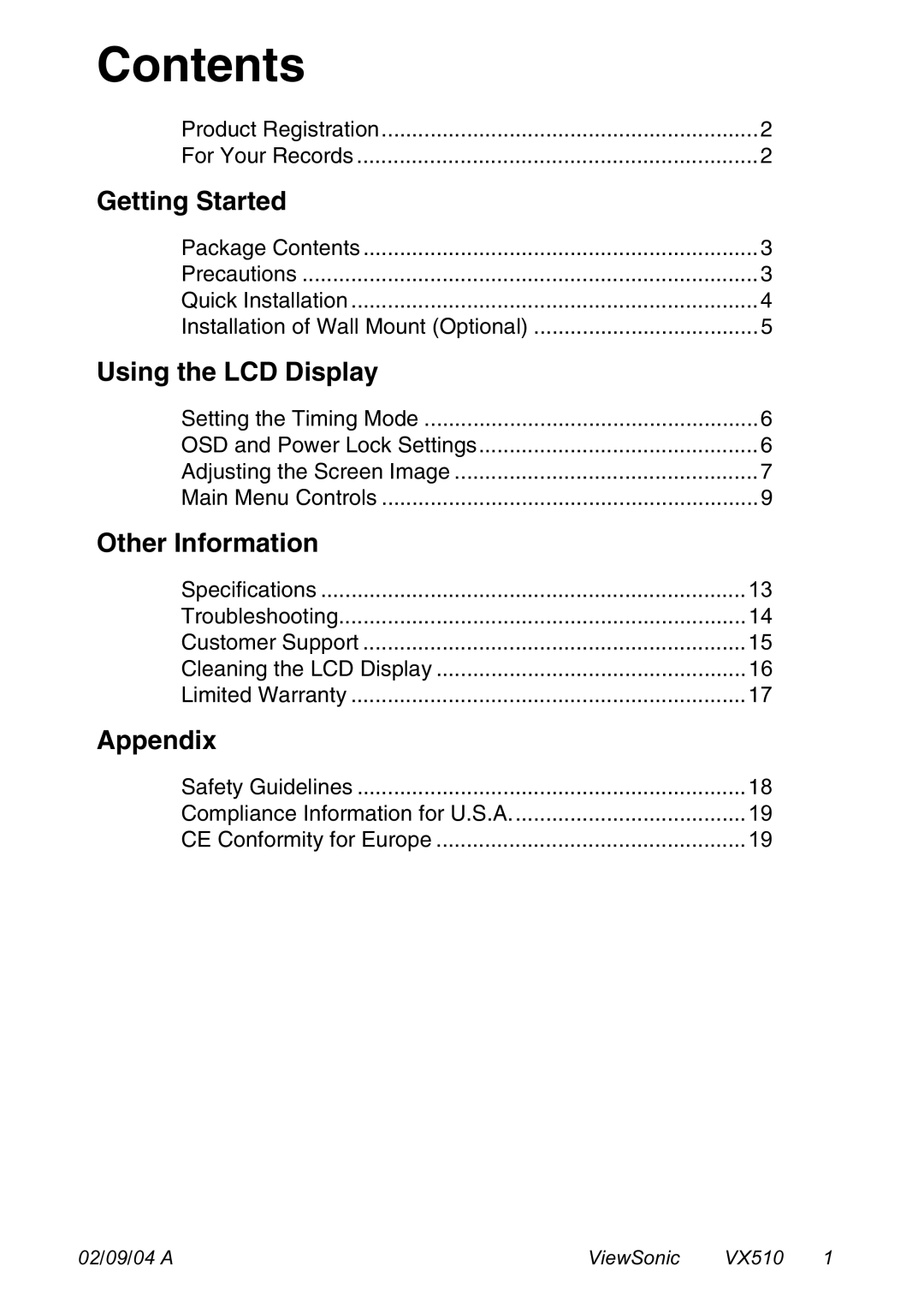 ViewSonic VX510 manual Contents 