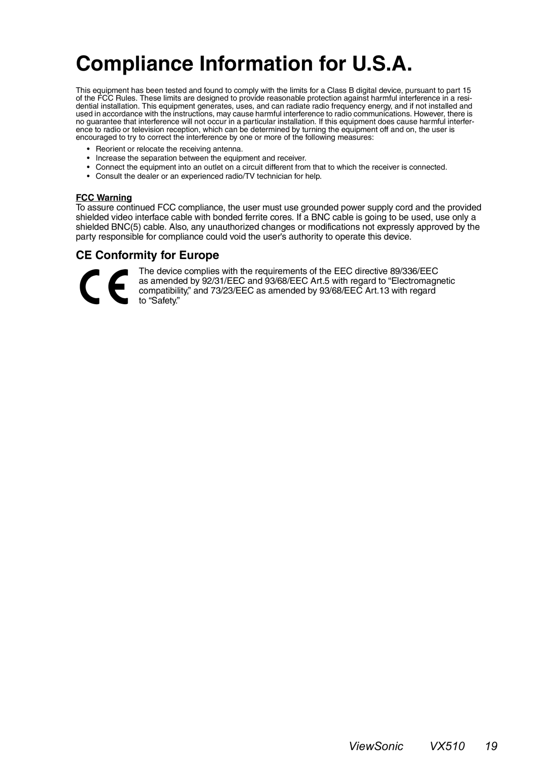 ViewSonic VX510 manual Compliance Information for U.S.A, CE Conformity for Europe 