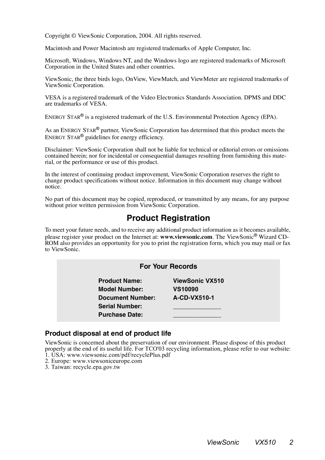 ViewSonic VX510 manual For Your Records, Product disposal at end of product life 