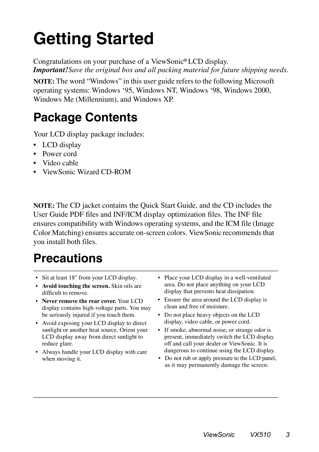 ViewSonic VX510 manual Getting Started, Package Contents, Precautions 