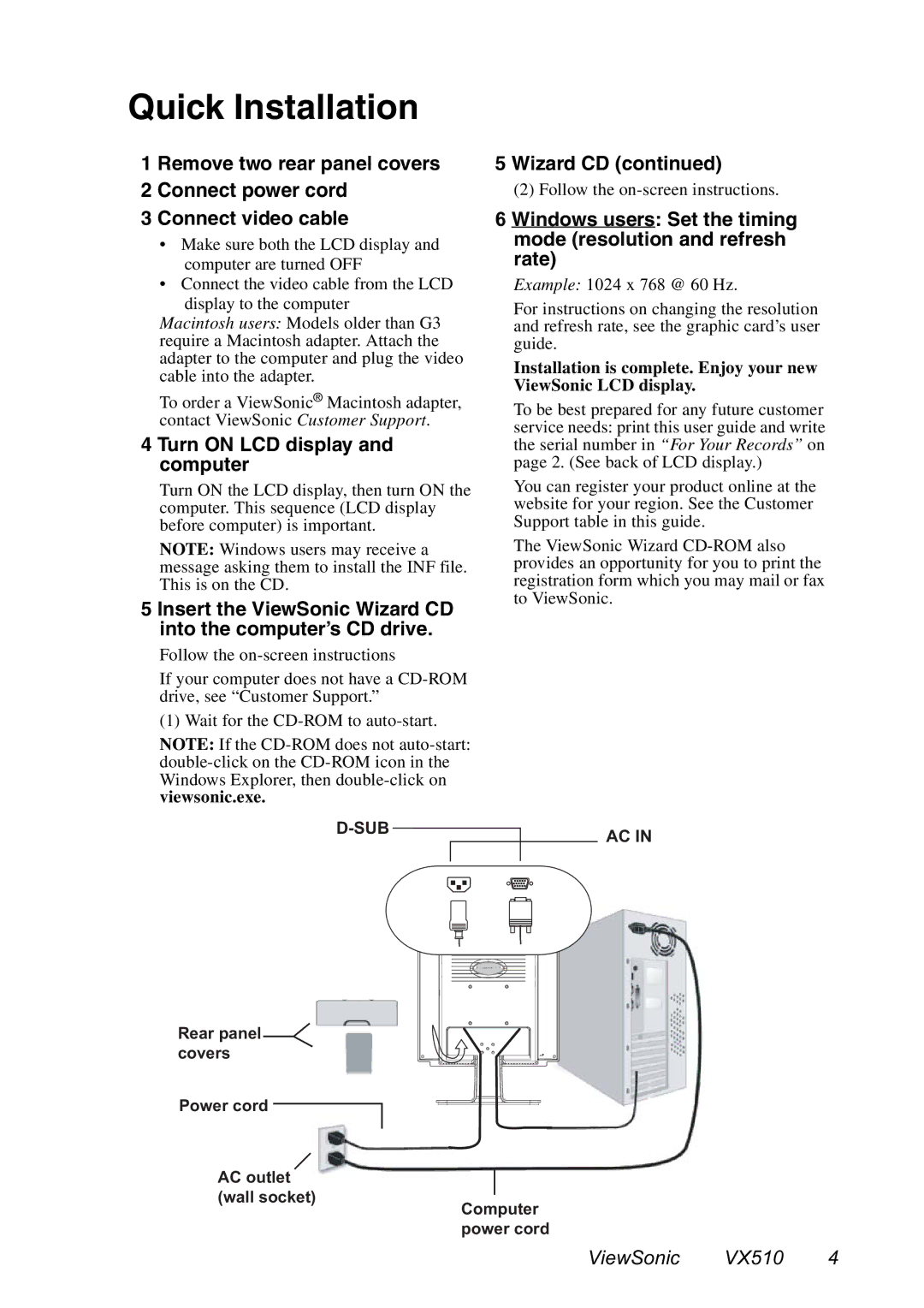 ViewSonic VX510 manual Quick Installation, Turn on LCD display and computer, Wizard CD 