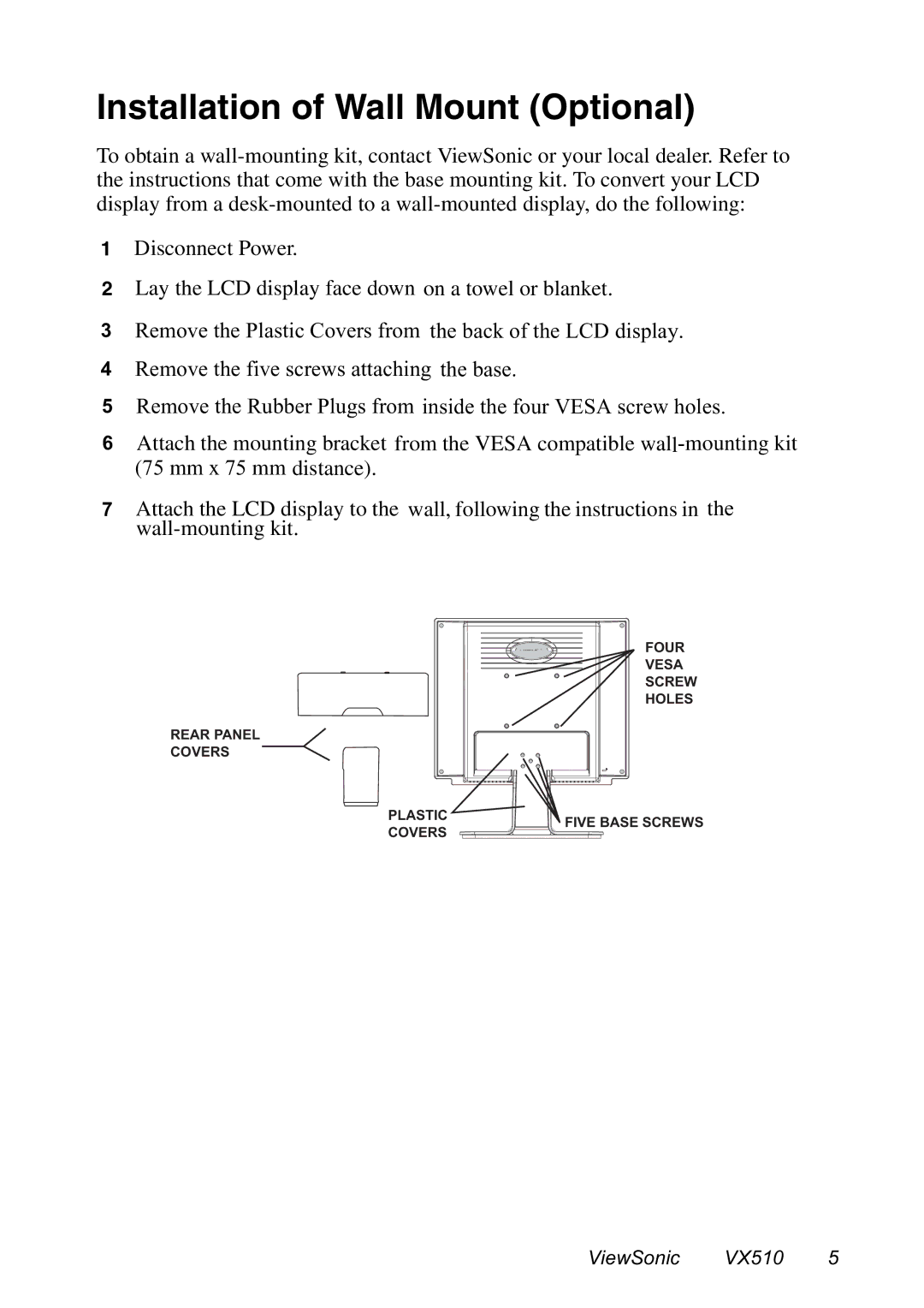 ViewSonic VX510 manual Installation of Wall Mount Optional 