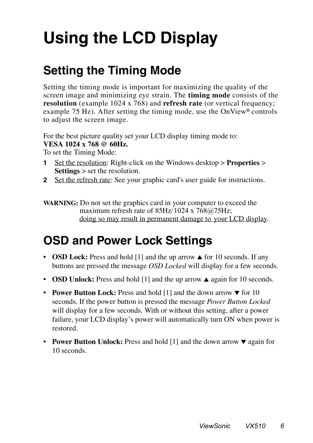 ViewSonic VX510 manual Using the LCD Display, Setting the Timing Mode, OSD and Power Lock Settings 