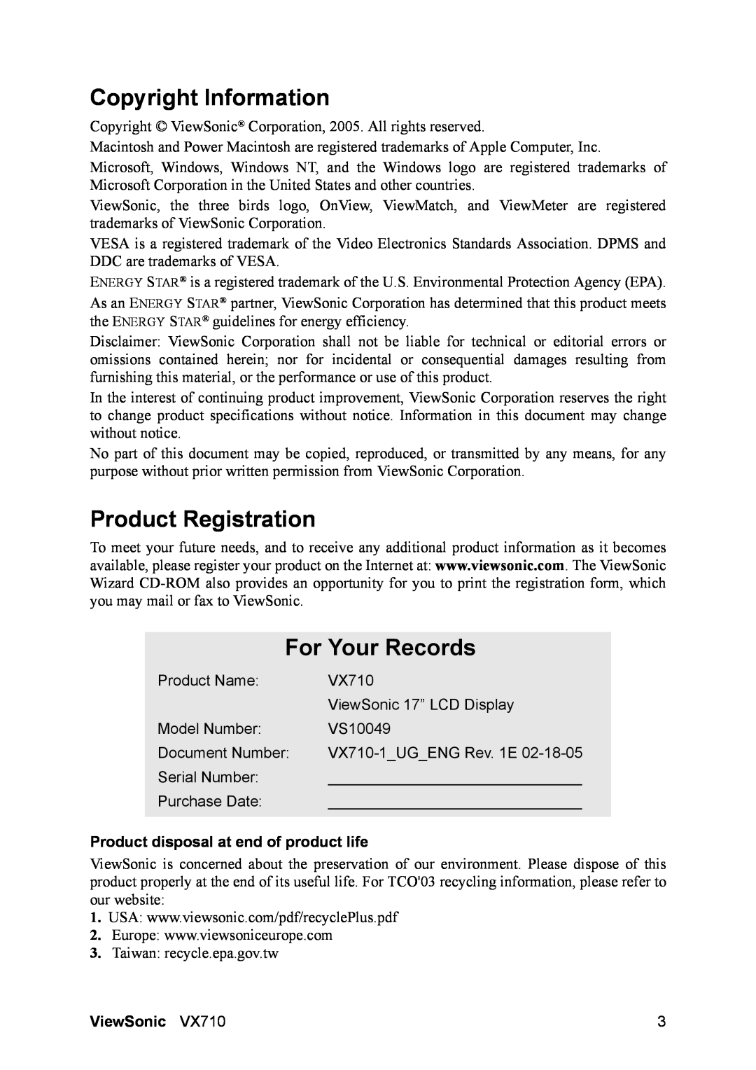 ViewSonic VX710 Copyright Information, Product Registration, For Your Records, Product disposal at end of product life 