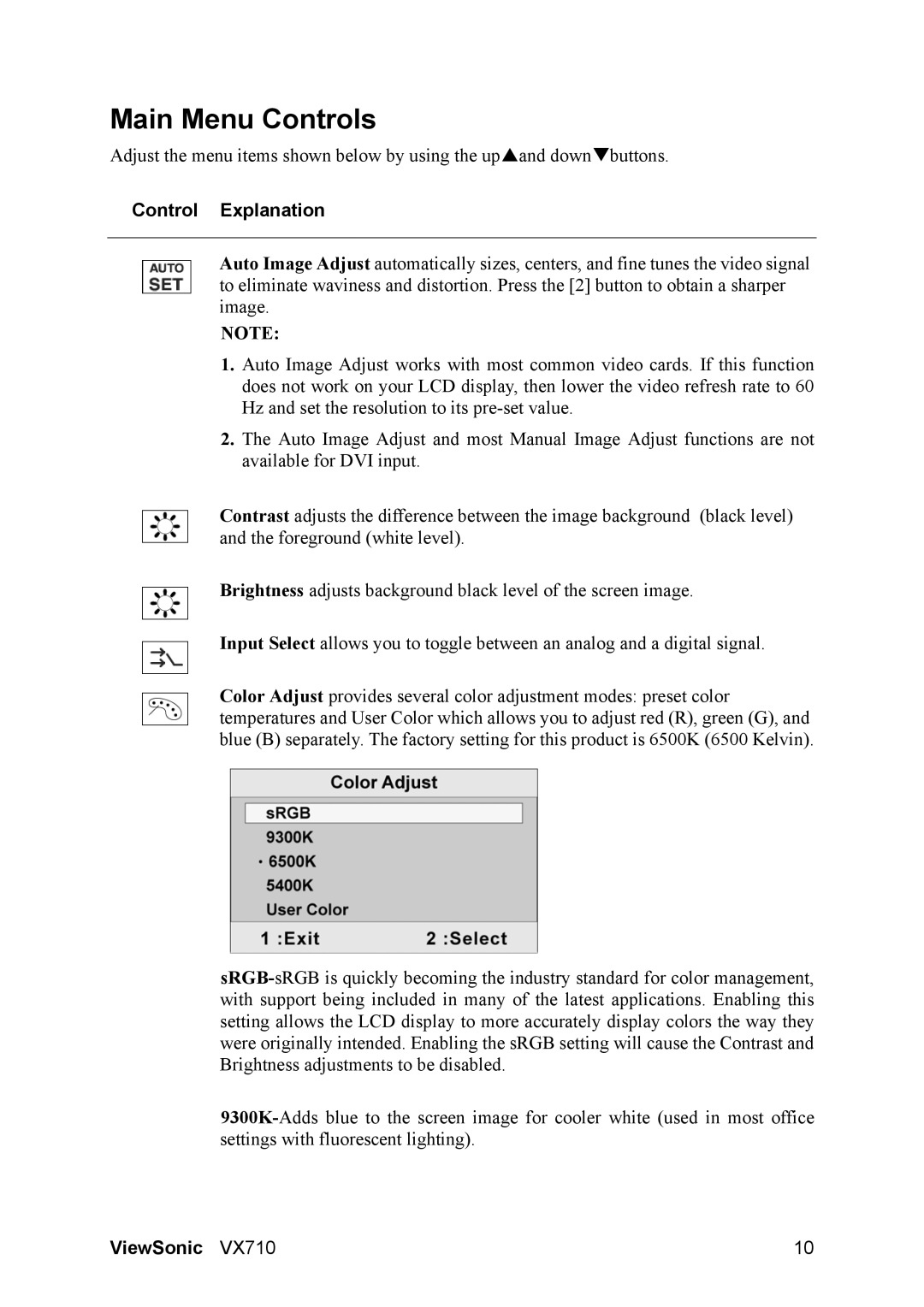 ViewSonic VX710 manual Main Menu Controls, Control Explanation 