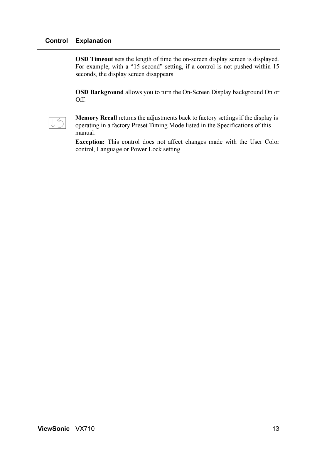 ViewSonic VX710 manual Control Explanation 