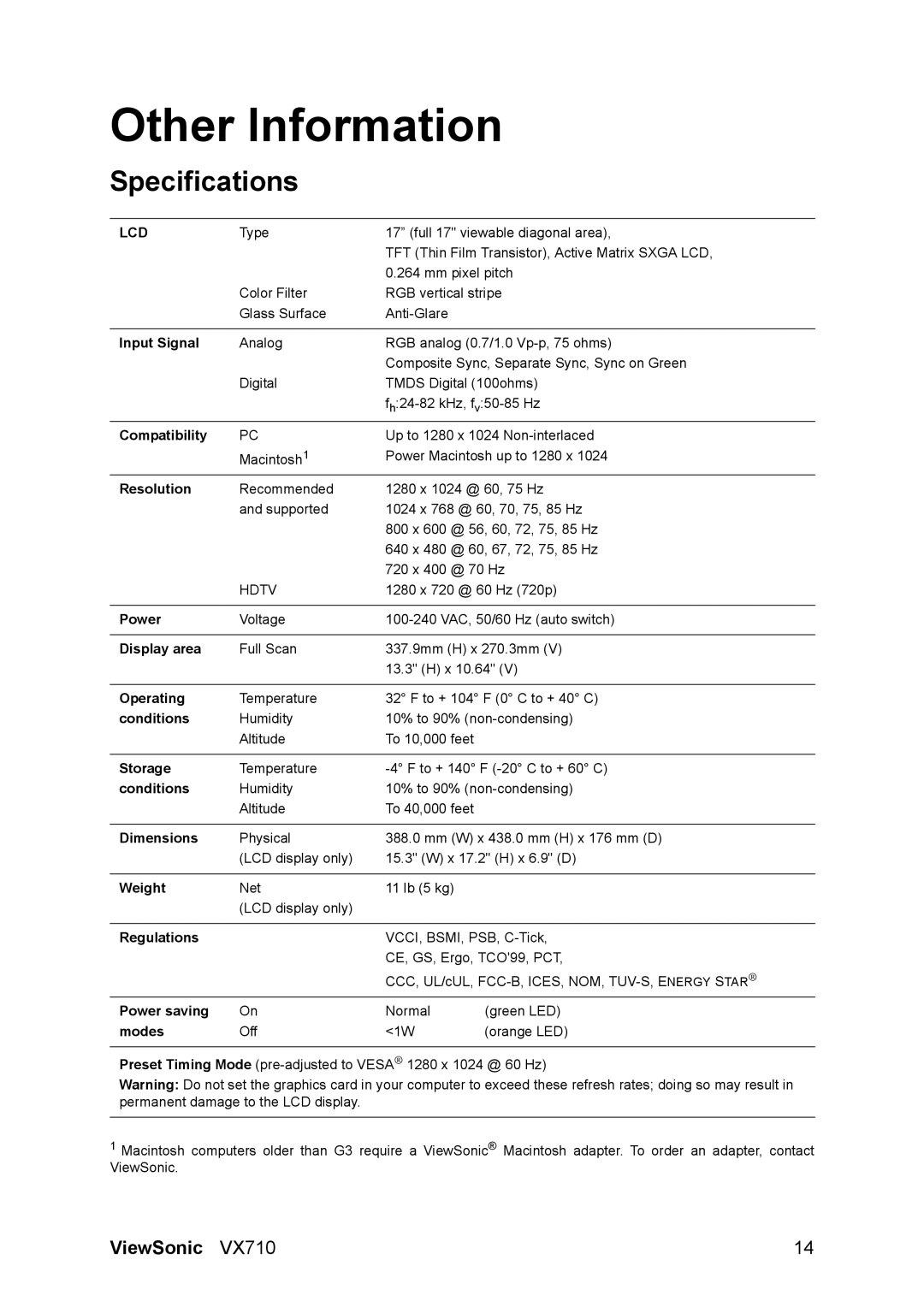 ViewSonic VX710 manual Other Information, Specifications 