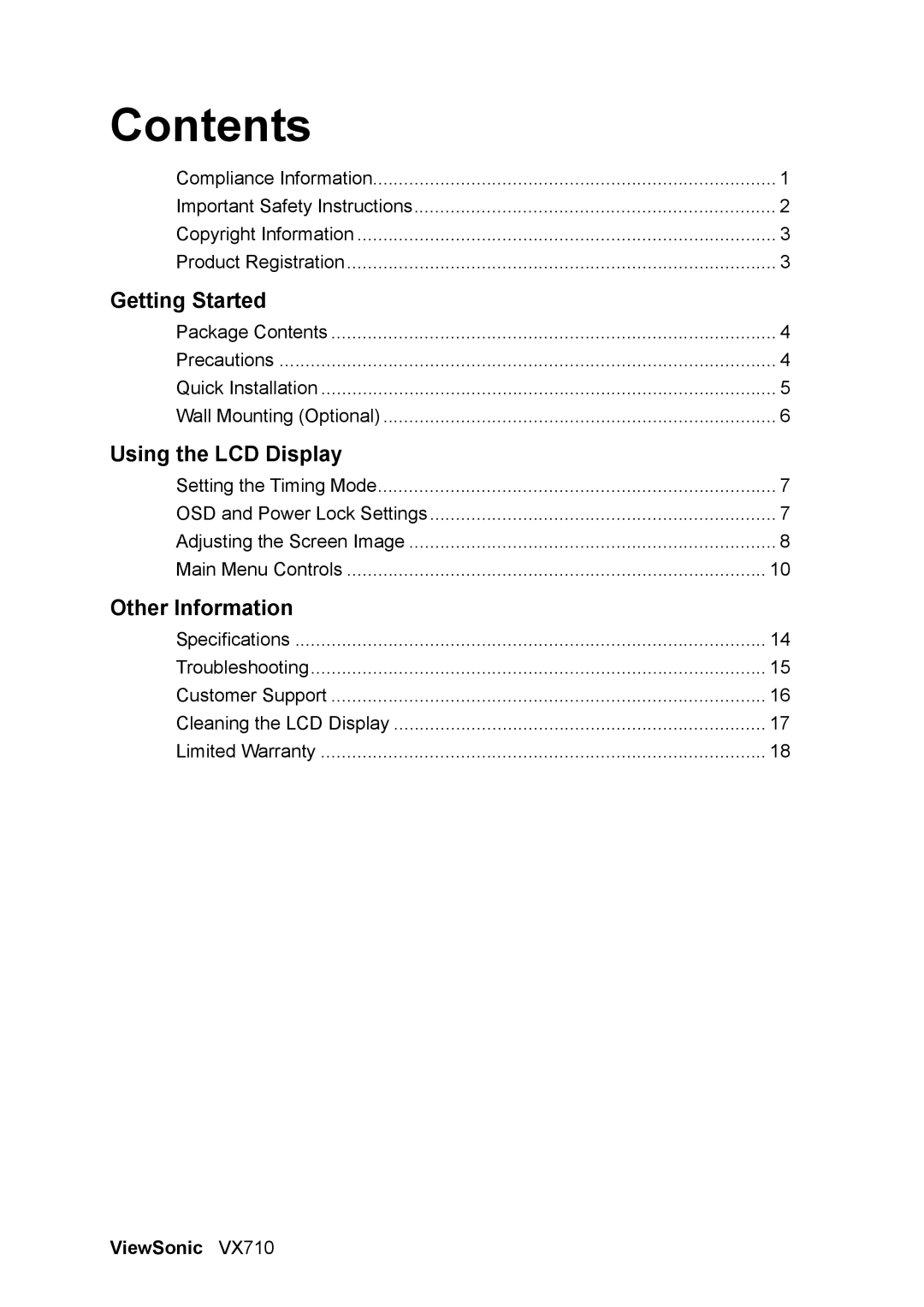 ViewSonic VX710 manual Contents 