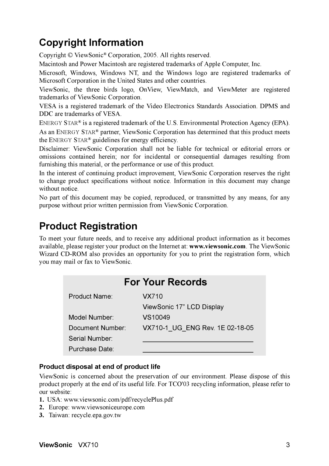 ViewSonic VX710 Copyright Information, Product Registration For Your Records, Product disposal at end of product life 