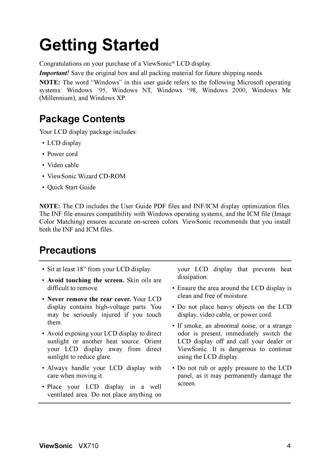 ViewSonic VX710 manual Getting Started, Package Contents, Precautions 