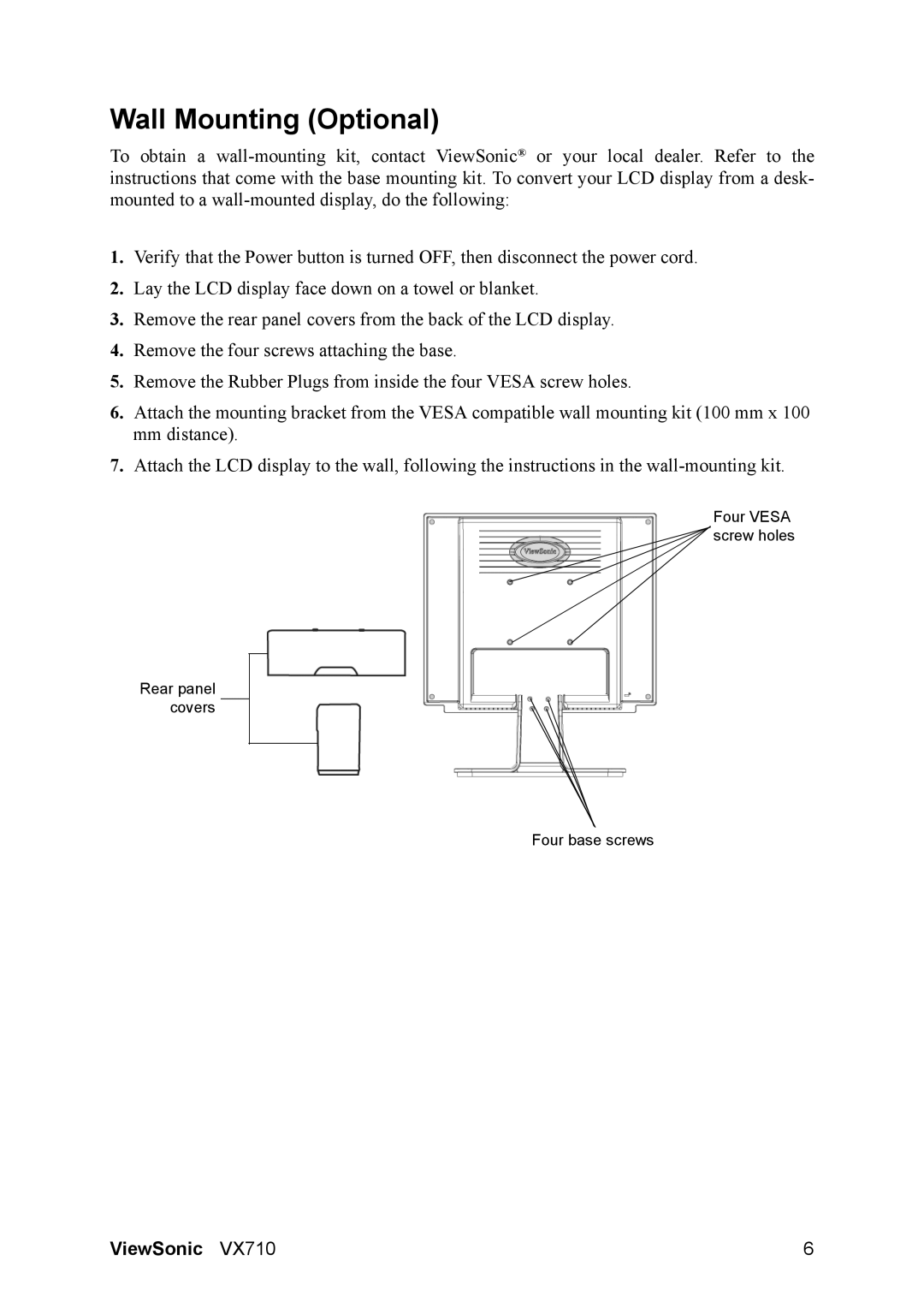 ViewSonic VX710 manual Wall Mounting Optional 