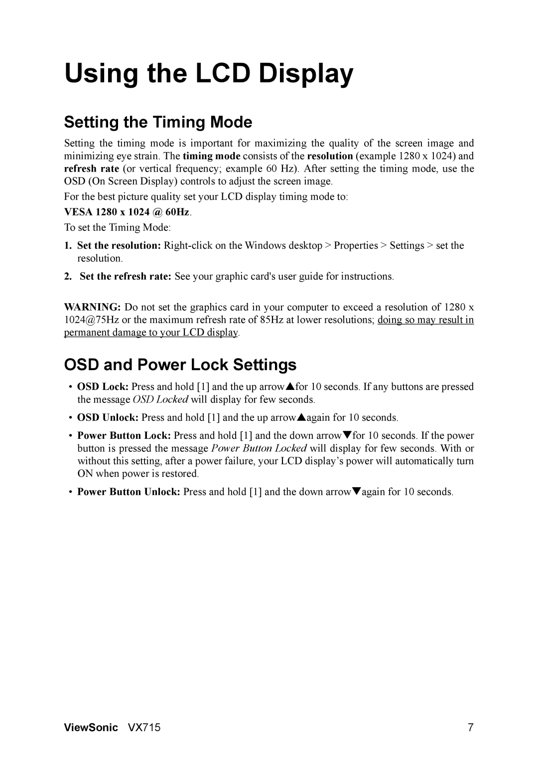 ViewSonic VX715 manual Using the LCD Display, Setting the Timing Mode, OSD and Power Lock Settings 